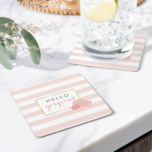 Hallo Herrliche Pink Strip & Blush Peony Untersetz Rechteckiger Pappuntersetzer