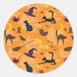 Hallo Hexe - nahtloses Halloween-Muster. Runder Aufkleber