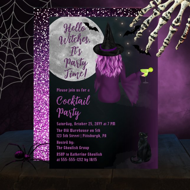 Hallo Hexen Halloween Cocktail Party Einladung ("Hello Witches, It's Party Time!" Halloween Cocktail Party Invitation - Purple Witch | Faux Glitter)