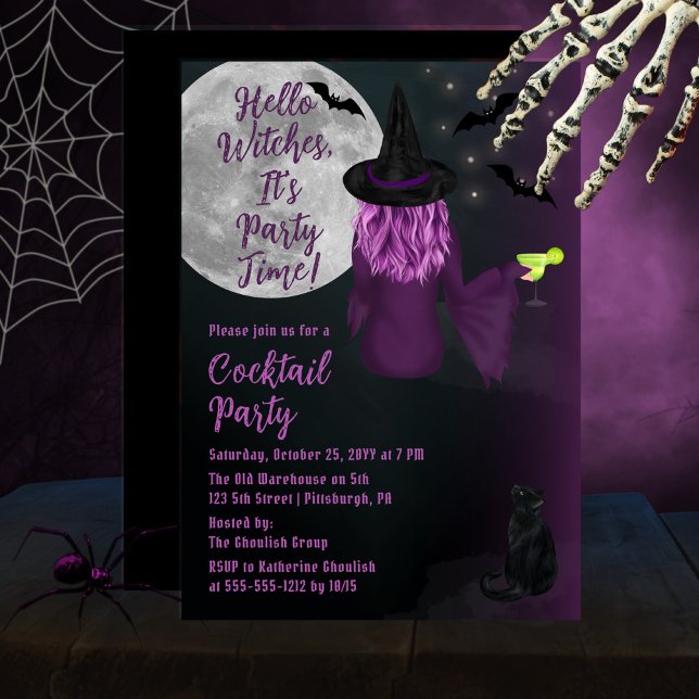Hallo Hexen Halloween Cocktail Party Einladung ("Hello Witches, It's Party Time!" Halloween Cocktail Party Invitation with Purple Witch)