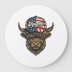 Hallo Highland-Kuh Patriotisches Vintage-Western-D Große Wanduhr