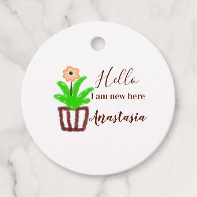 Hallo Ich bin neu hier Baby Dusche Kinder Blumenbl Geschenkanhänger (Vorderseite)