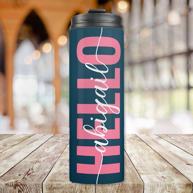 Hallo, Ihr Name Pink Blue Calligraphy Thermosbecher (Von Creator hochgeladen)