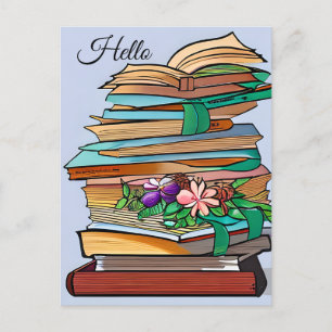 Hallo, In Kontakt bleiben   Stapel Bücher Postkarte