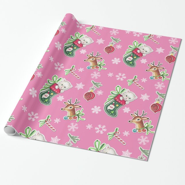 Hallo Kitten Weihnachts-Wrapping Papier in Pink Geschenkpapier (Ungerollt)
