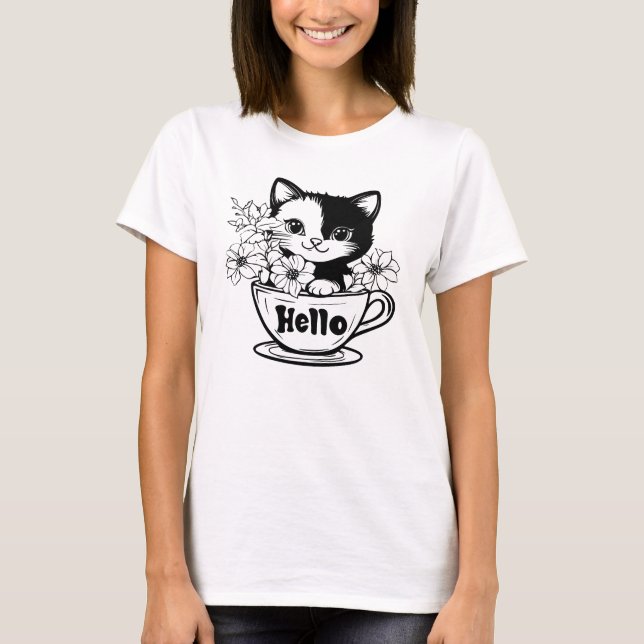 Hallo, Kittens Cup Blume T-Shirt (Vorderseite)