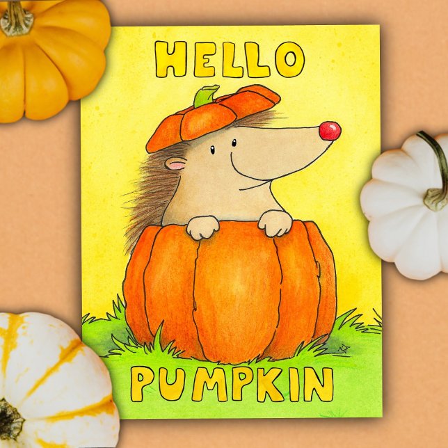 Hallo Kürbis - Süßer Igel Herbst  Postkarte (Von Creator hochgeladen)