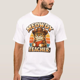 Hallo-Lehrer Vintage-Katze-Cowboy-Design T-Shirt