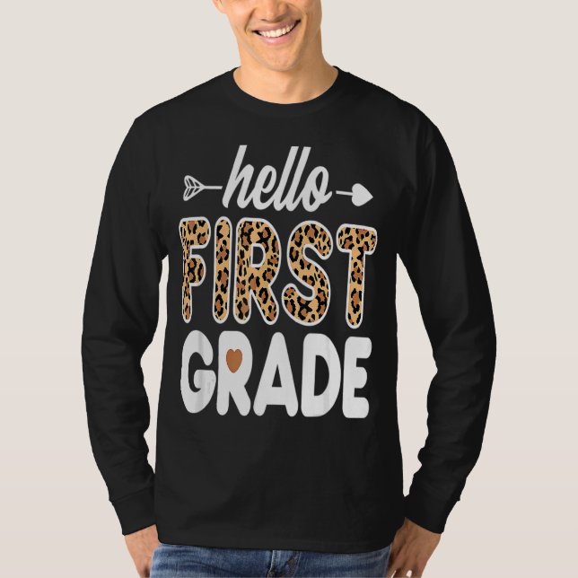 Hallo Leopard Print First Grade Lehrer T-Shirt (Vorderseite)
