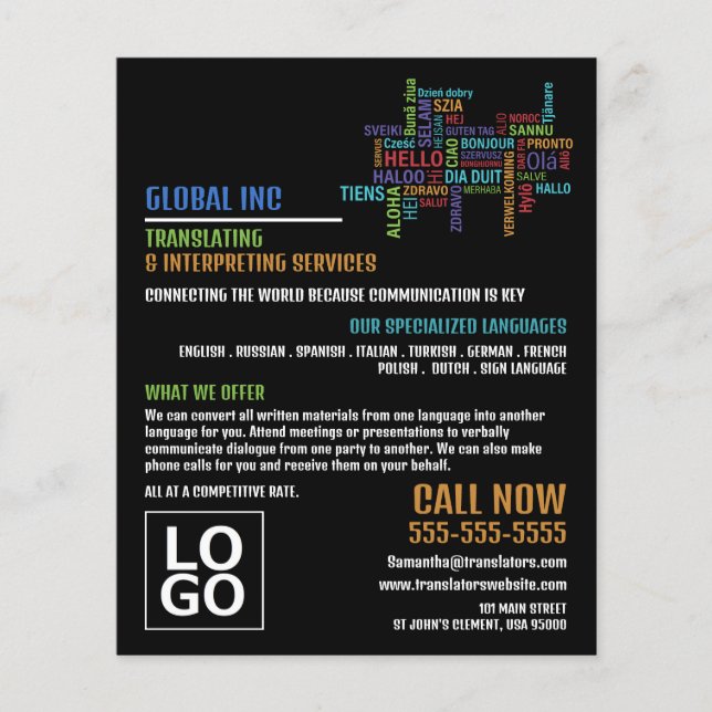 Hallo Logo, Übersetzer und Dolmetscher Flyer (Vorne)