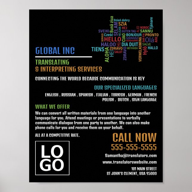 Hallo Logo, Übersetzer und Dolmetscher Poster (Vorne)
