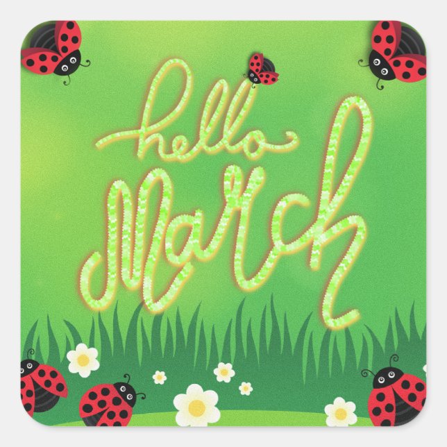 Hallo März mit ladybug minimalistisch grün Quadratischer Aufkleber (Vorderseite)