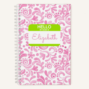 Hallo, mein Name ist Tag Pink Weiß Grün Preppy Notizbuch