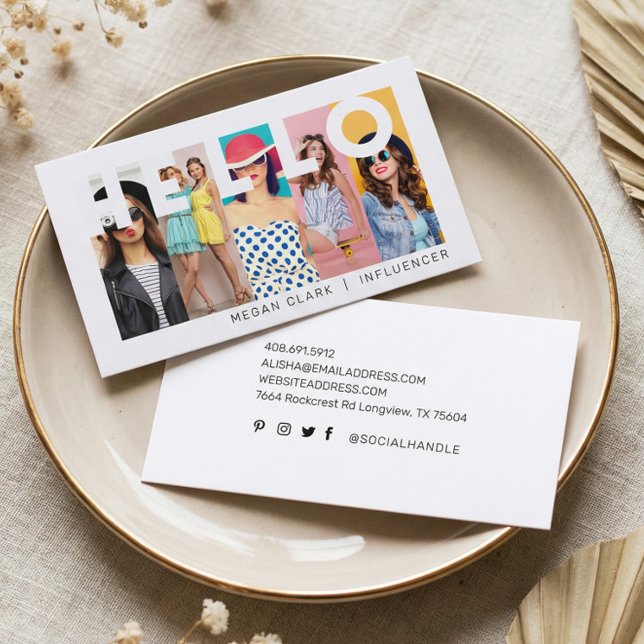 Hallo mit Modern & Minimal 5 Foto Layout Visitenkarte (Fun Modern Minimal Social Media Influencer Photo Business Card)