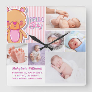 Hallo Neugeborenen-Baby-Foto-Geburtsankündigung Fo Quadratische Wanduhr