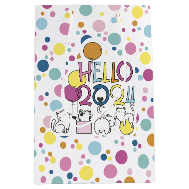Hallo Neujahr 2024 mit Katzen spielen Mittlere Geschenktüte (Vorderseite)
