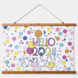 Hallo Neujahr 2024 mit Katzen spielen Wandteppich Mit Holzrahmen