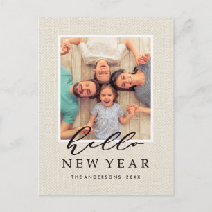 Hallo Neujahr Rustikale Faux-Jute-Textur Foto Feiertagspostkarte