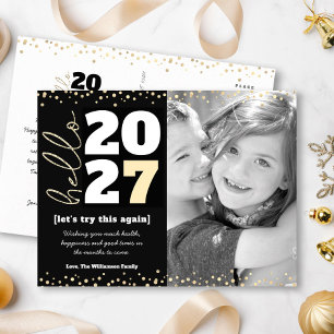 Hallo Neujahrsfoto Schwarz Gold Modernes Benutzerd Feiertagspostkarte