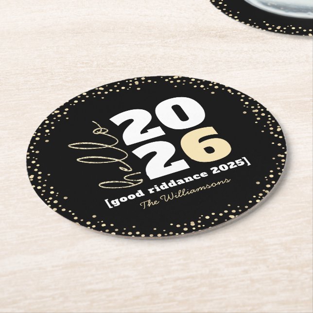 Hallo New Year Black Gold Modern Custom Year Name Runder Pappuntersetzer (Angewinkelt)