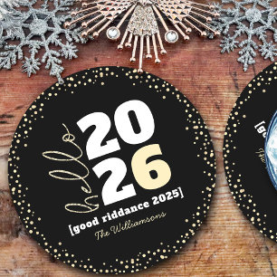 Hallo New Year Black Gold Modern Custom Year Name Runder Pappuntersetzer