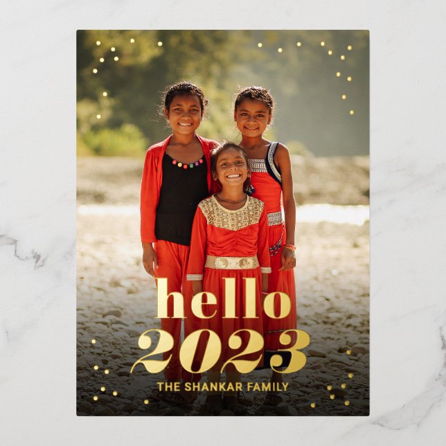 Hallo New Year Foil Foto Holiday Postcard Folien Feiertagspostkarte (Vorderseite)