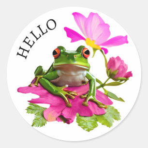 Hallo ! Niedlicher Frosch oder Toad auf rosa Blume Runder Aufkleber