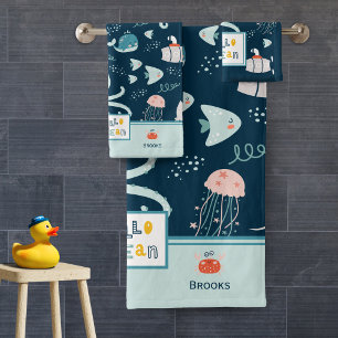 Hallo Ocean Octopus Nautical Blue Kinderbad Badhandtuch Set