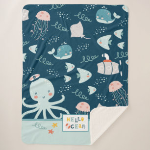 Hallo Ocean Octopus und Fisch Nautic Blue Kid Sherpadecke