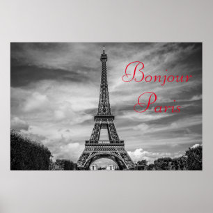 Hallo Paris Schwarz Weiß Eiffelturm Reise Poster