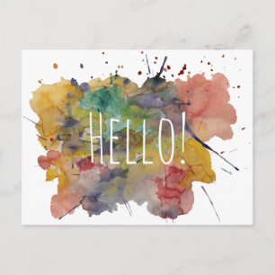 Hallo Postcard mit farbenfrohen Watercolor-Splashe Postkarte