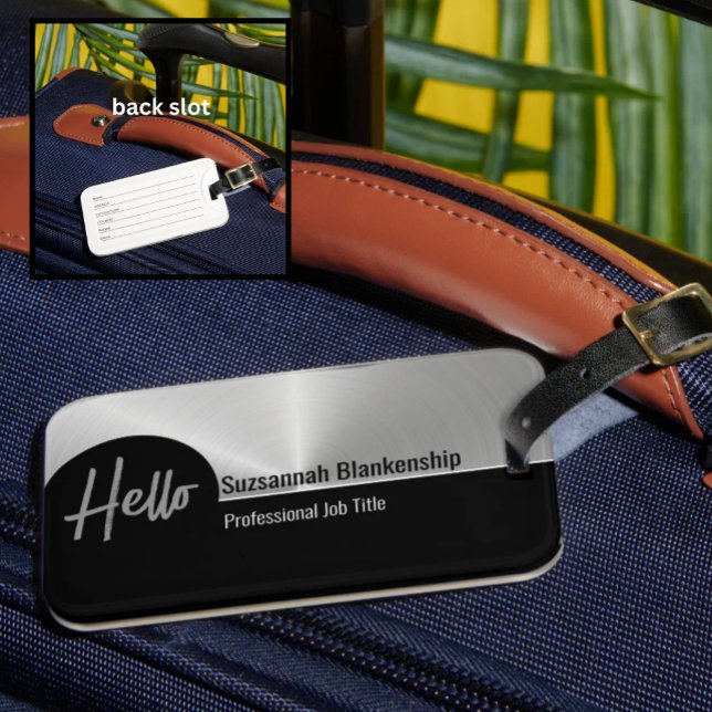 Hallo Professional Faux Silber Metallic Gepäckanhänger (Professional & fun luggage tag faux brushed metallic and black template.)