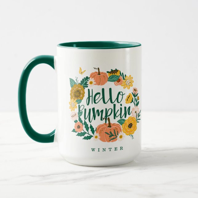 Hallo Pumpkin Fall Wildblumen Butterfly Wreath Tasse (Links)