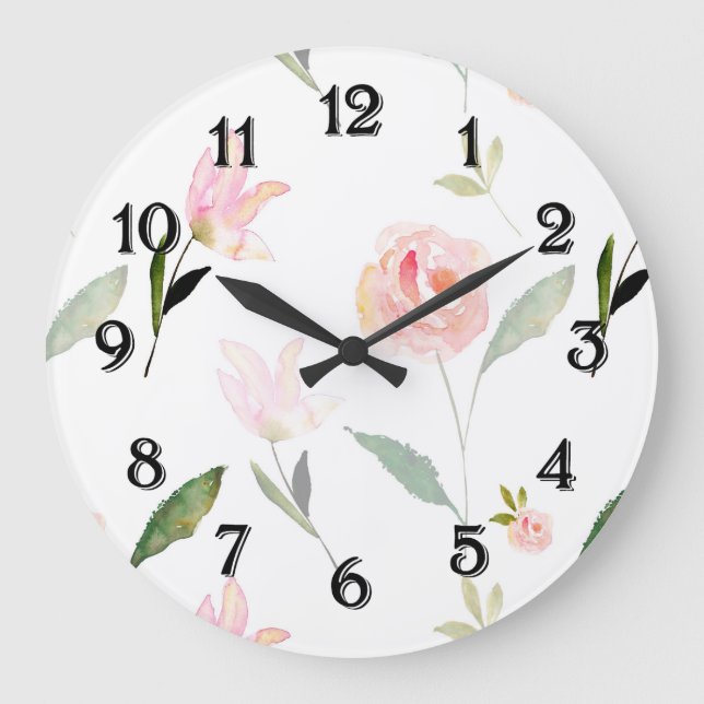 Hallo schönes Aquarell mit Blumen Große Wanduhr (Vorderseite)