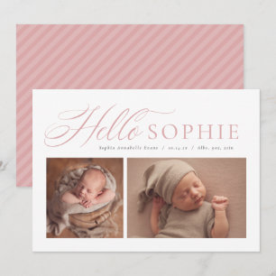 Hallo Schrift elegant zwei Foto rosa Geburt Ankündigung