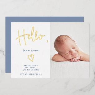 Hallo Schrift Herz Blau Foto Baby Junge Geburt Folieneinladung