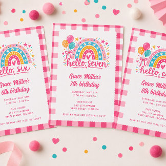 Hallo Sechs Mädchen Gingham Regenbogen Geburtstags Einladung