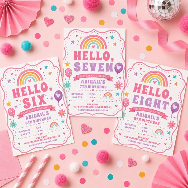 Hallo Sechs Regenbogen Mädchen 6. Geburtstag Einladung (Hello Six Rainbow Girl's 6th Birthday Invitation)