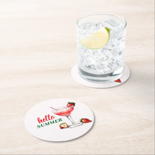 Hallo Sommer   Erdbeer-Cocktail-Papier-Getränkeunt Runder Pappuntersetzer