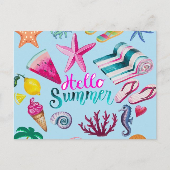 Hallo Sommer farbenfrohe Strand Meer Thema Postkarte (Vorderseite)