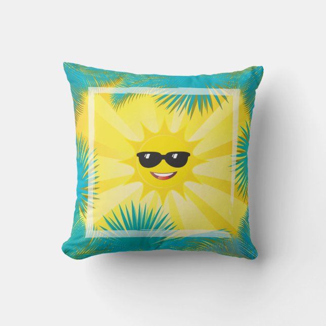 Hallo Sommer! Happy Sun Smiley Tropical Palm Kissen (Vorderseite)