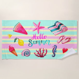 "Hallo Sommer" Meer und Sommer-Aquarell striped Strandtuch