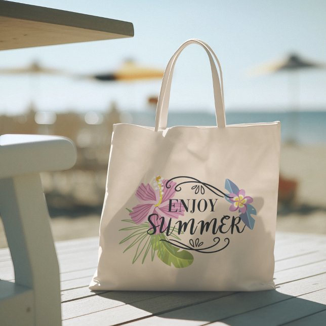 Hallo Sommer mit Typografie Tropical Tote Bag Tragetasche (hello summer, beach tote bag, vacation tote bag, school tote bag, colorful typography, gift for her)