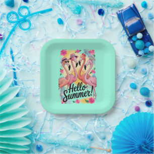 Hallo Sommer Niedlich Flamingo Beach Urlaub Tropic Pappteller