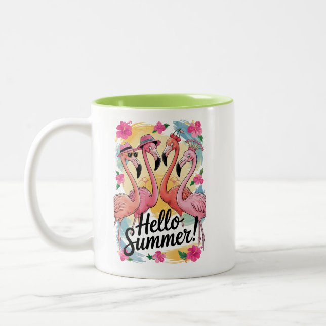 Hallo Sommer Niedlich Flamingo Beach Urlaub Tropic Zweifarbige Tasse (Links)