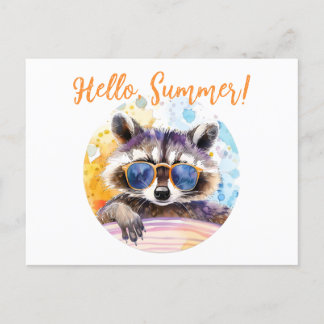 Hallo Sommer Raccoon in Sonnenbrille Wasserfarbe Einladungspostkarte