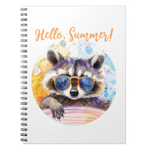 Hallo Sommer Raccoon in Sonnenbrille Wasserfarbe Notizblock