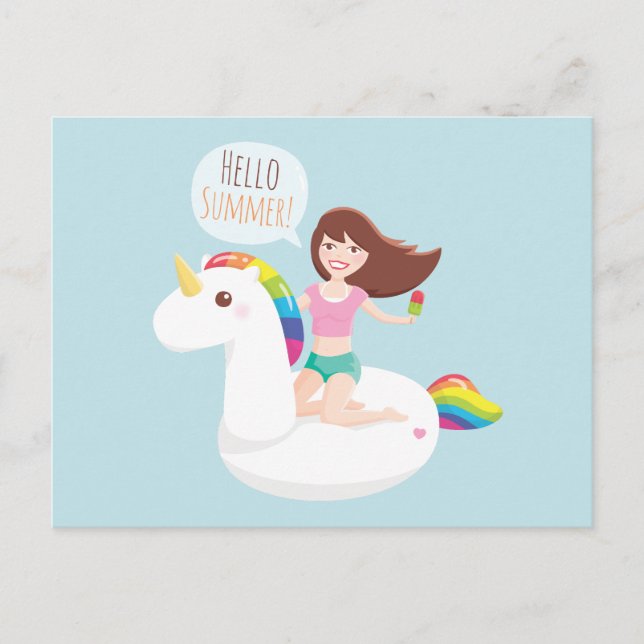 Hallo Sommer Regenbogen Einhorn Pool Schwimmkörper Postkarte (Vorderseite)
