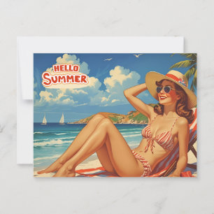 Hallo Sommer Retro Frau am Strand Postkarte