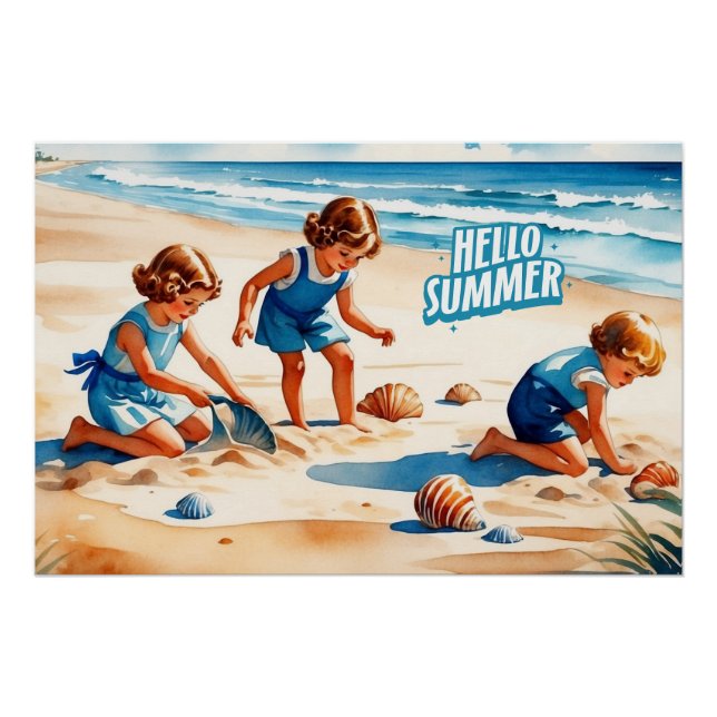 Hallo Sommer Retro Kinder spielen am Strand Poster (Vorderseite)